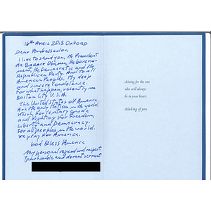 Sympathy card from an individual in Oxford, UK addressed to the United States Ambassador to the United Kingdom