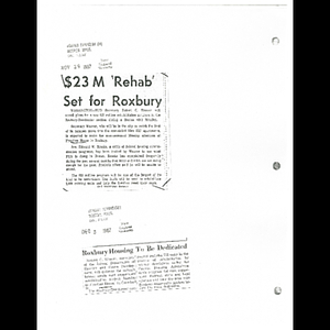 Photocopy of Boston Herald article, $23 M 'rehab' set for Roxbury; and Sunday Advertiser article, Roxbury housing to be dedicated