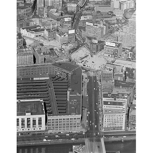 South Station area looking up Summer Street from Fort Point Channel, tunnel work, close up, Boston, MA