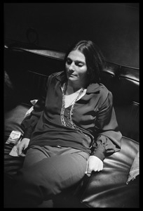 Judy Collins lounging on a couch at Wally Heider Studio 3 during production of the first Crosby, Stills, and Nash album