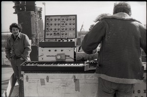 Hollywood Speedway Rock Festival: setting up keyboards and equipment for concert