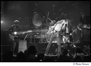 John Paul jones (bass), John Bonham (drums), Robert Plant (vocals), and Jimmy Page (guitar) in concert with Led Zeppelin at the Forum in Inglewood