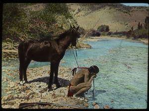 Arizona (Native American drinking at stream, pony, hills, rifle)