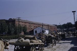 Carts wait outside mill