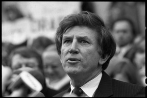 Gary Hart: close-up portrait while speaking at a rally during his bid for the Democratic nomination for the presidency