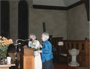 Frances Crowe (right) and Margaret Holt at the Margaret Holt dinner, First Congregational Church, Amherst