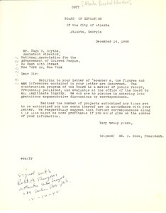 Letter from Atlanta Board of Education to Hugh H. Smythe