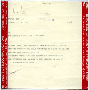 Telegram from Hungarian Peace Council to Shirley Graham Du Bois