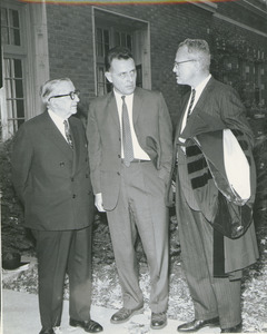 Dr. Frank L. Boyden, Prof. William H. Ross, and President John W. Lederle in front of Memorial Hall after the Centennial Convocation