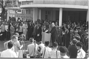 Vice President Humphrey addressing Vietnamese leaders; Saigon.