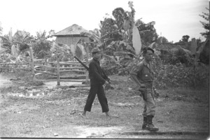Cambodian guards patrolling border with South Vietnam after attack by South Vietnamese aircraft on Anlong Kres Village; Cambodia.