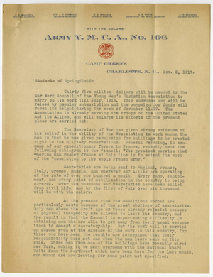 Letter From Walter S. Williams to the students of Springfiled College (November 5, 1917)