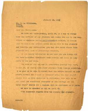 Letter from Laurence L. Doggett to William A. Wilkinson (January 19, 1918)