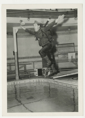 soldier jumping into McCurdy Natatorium (1942)
