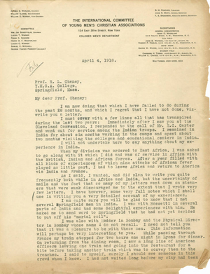 Max Yergan Letter to Ralph Cheney (April 4, 1918)