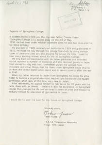 Letter of Takeo Yuasa to Springfield College (1993)
