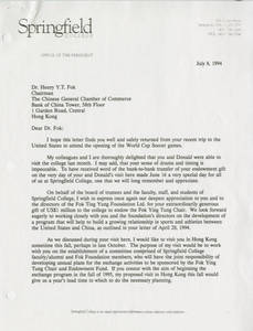 A letter from SC president Randolph W. Bromery to Dr. Henry Y. T. Fok, July 8, 1994
