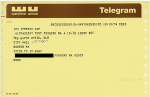 Telegram from Foxborough resident to Mayor Kevin H. White