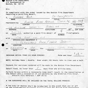 Form to request a paid fire detail from the Boston Fire Department, filled out by Carmen Pola