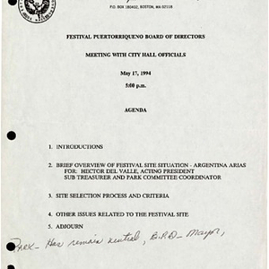Agenda from Festival Puertorriqueño de Massachusetts, Inc. Board of Directors meeting with City Hall officials on May 17, 1994