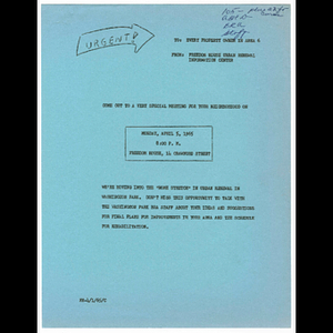 Memorandum from Freedom House Urban Renewal Information Center to property owners in Area 6 concerning special meeting to be held April 5, 1965