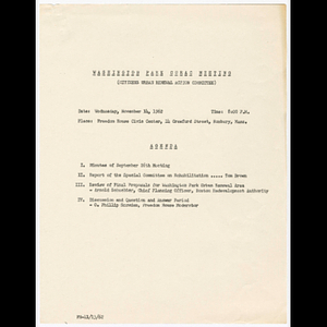 Agenda of Washington Park CURAC meeting held on November 14, 1962