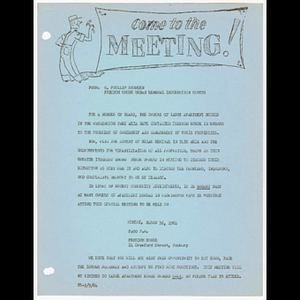 Memorandum from O. Phillip Snowden to owners of apartment houses in Washington Park about meeting on March 16, 1964 and problems of ownership and management