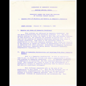 Tentative agenda for the first two sessions of visiting faculty seminar, current way of thinking and working in community psychiatry