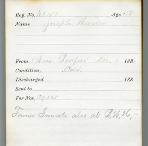 Tewksbury Almshouse Intake Record: Wonder, Joseph