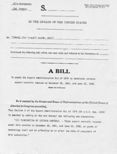 Draft of legislation to amend the Export Administration Act of 1979 to terminate certain export controls imposed on December 30, 1981 and June 22, 1982