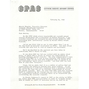 Letter, Citywide Parents' Advisory Council, February 26, 1980.