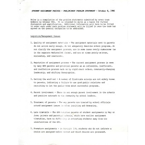 Student assignment process preliminary problem statement, October 8, 1986.