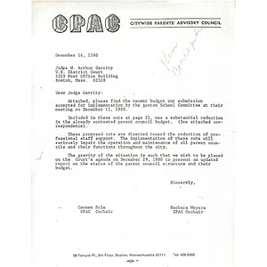 Letter, Judge Garrity, December 16, 1980.
