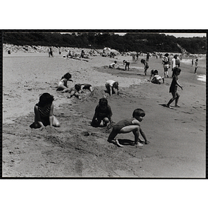 Children play on the shoreline of a beach