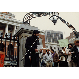 Speaker at a bilingual education rally at the steps of the Massachusetts State House