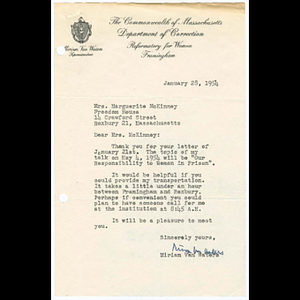 Letter from Miriam Van Waters of the Reformatory for Women in Framingham to Marguerite McKinney about speaking at Freedom House