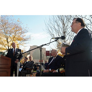 A man speaks at the Veterans Memorial dedication ceremony