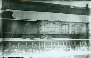 Merchant Dispatch Transportation Co. refrigerator car no. 11598, and N.Y. Central Lines railroad car, location unknown, ca. 1900