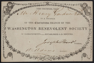 Membership card for the Charlestown Branch of the Washington Benevolent Society of Massachusetts, location unknown, undated