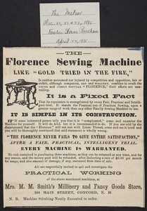 Advertisement for The Florence Sewing Machine, Florence Sewing Machine Co., Florence, Mass., December 21, 22, 23, 1895