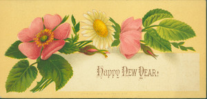 New Year's card, depicting pink roses and a white daisy, 1876
