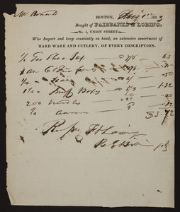 Billhead for Fairbanks & Loring, hard ware and cutlery of every description, No. 4 Union Street, Boston, Mass., dated August 12, 1823
