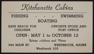 Trade card for Sebago Lake Camps, kitchenette cabins, Bob and Ruth Nelson, proprietors, Sandy Beach, North Sebago, Maine, undated