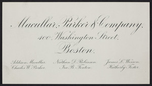 Business card for Macullar, Parker & Company, 400 Washington Street, Boston, Mass., undated