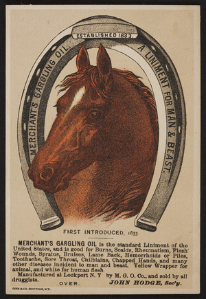Trade card for Merchant's Gargling Oil, M.G.O. Co., Lockport, New York and George F. Owen, clothing, 38 Main Street, Saco, Maine, undated