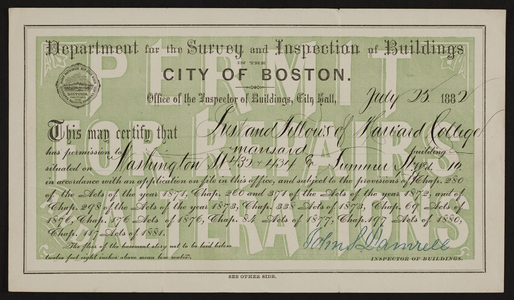 Building permit from the Department for the Survey and Inspection of Buildings, City of Boston, Boston, Mass., dated July 25, 1882