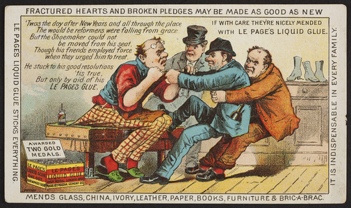 Trade card for Le Page's Liquid Glue, manufactured by the Russia Cement Co., Gloucester, Mass., 1886