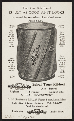 Trade card for The Stephenson Spiral Truss Ribbed Ash Barrel, C.H. Stephenson, 27 Farrar Street, Lynn, Mass., undated