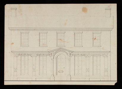 Architectural rendering of an unidentified Greek Revival facade with added Italianate detail, location and date unknown.