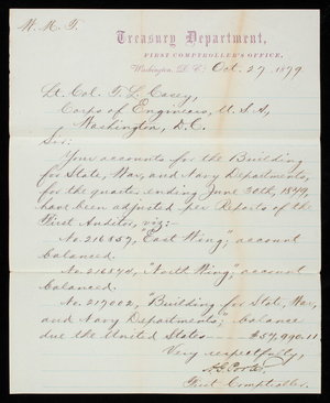 [Albert] G. Porter to Thomas Lincoln Casey, October 27, 1879